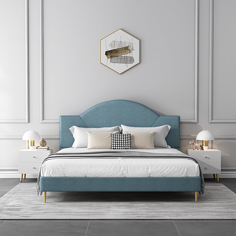 Modern Lake Blue Leath-Aire Circular Upholstered Bed with Golden Half and Round Feet window image