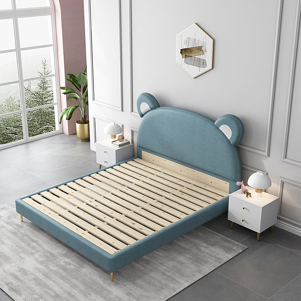 Modern Lake Blue Leath-Aire Bear-shaped Upholstered Bed with Golden Half and Round Feet window image