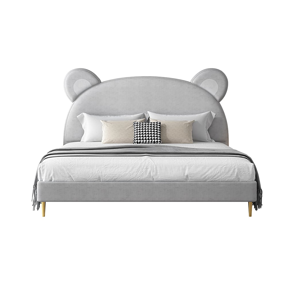 Cama tapizada moderna en forma de oso de cuero gris claro con pies redondos y medios dorados Imagen de ventana