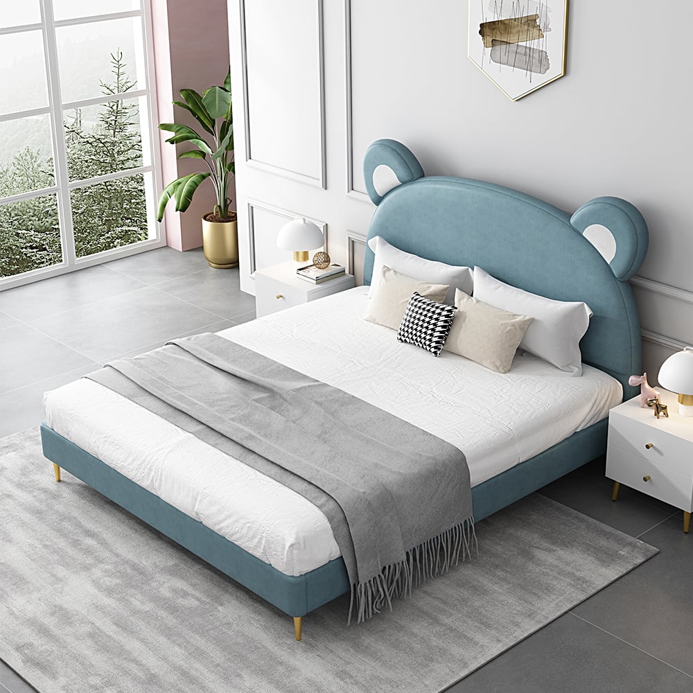 Modern Lake Blue Leath-Aire Bear-shaped Upholstered Bed with Golden Half and Round Feet window image
