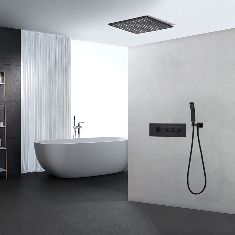 Wandgemonteerde 400mm doucheset Regenval 3 functies thermostatisch in matzwart Vensterafbeelding