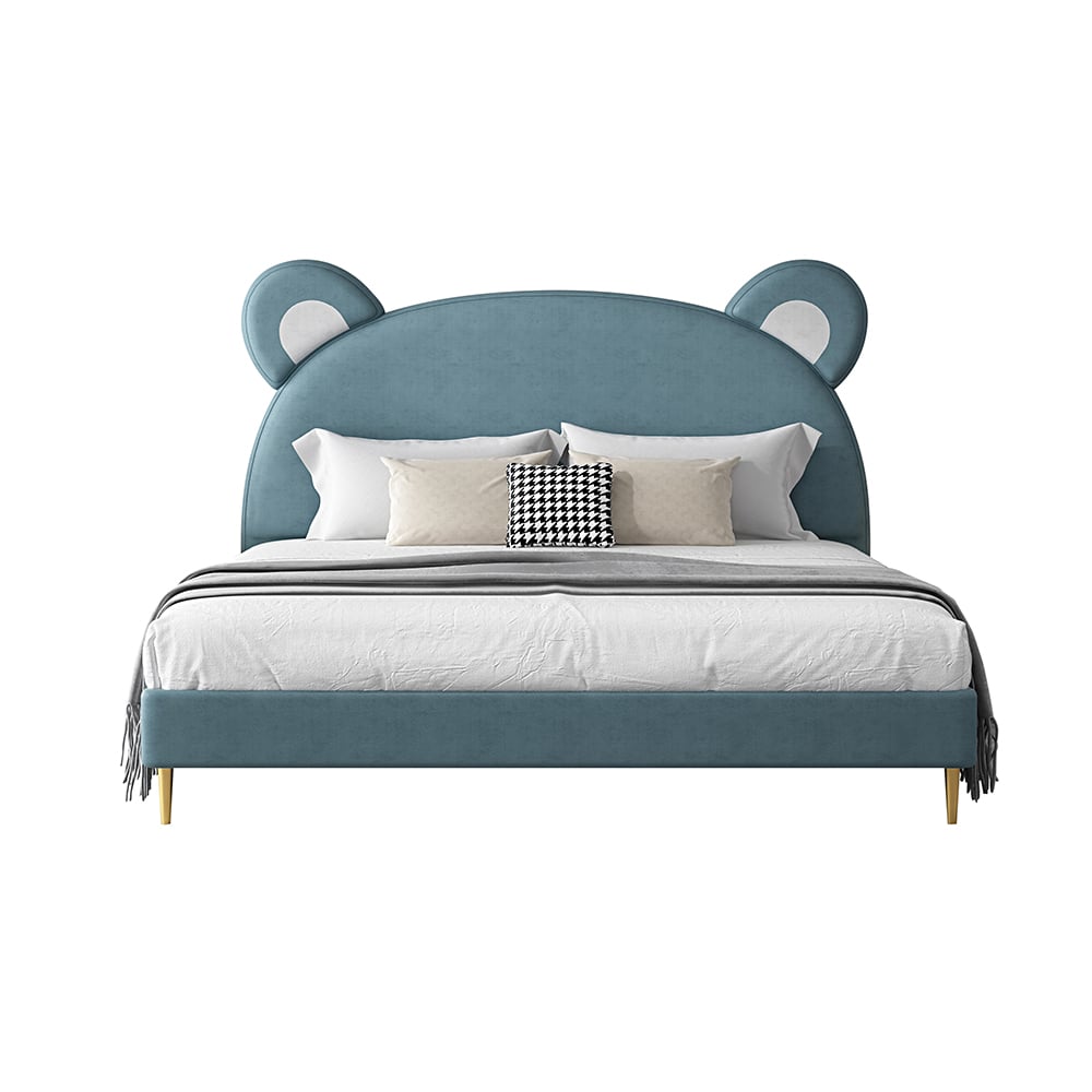 Modern Lake Blue Leath-Aire Bear-shaped Upholstered Bed with Golden Half and Round Feet window image
