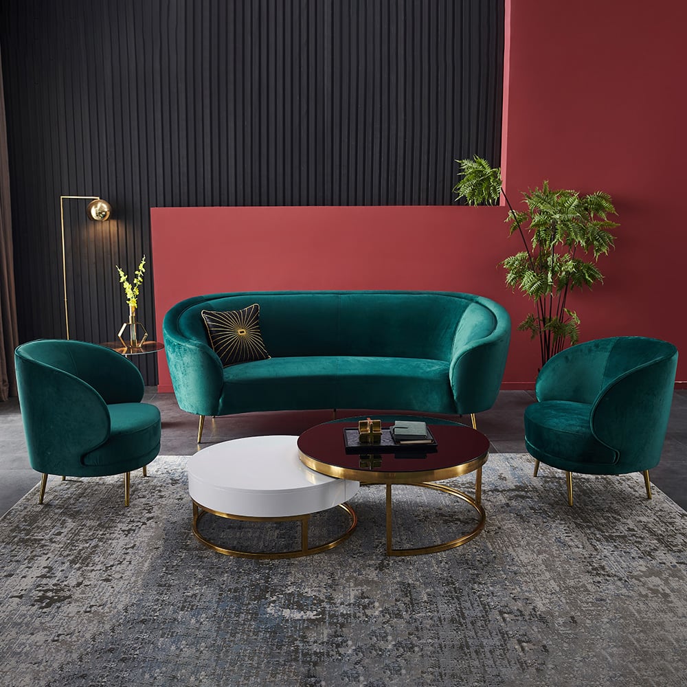 Modern Deep Green Velvet Sofa Set 3 Pieces Living Room Set 3-Seater with 2 Armchairs window image