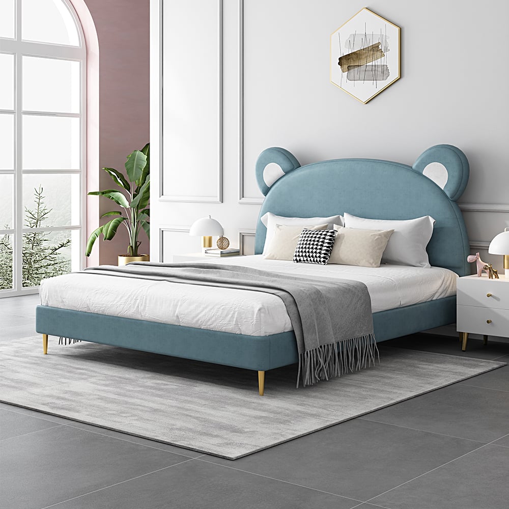 Modern Lake Blue Leath-Aire Bear-shaped Upholstered Bed with Golden Half and Round Feet window image