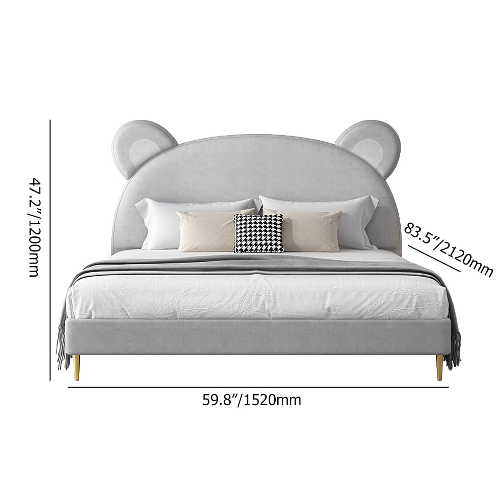 Cama tapizada moderna en forma de oso de cuero gris claro con pies redondos y medios dorados Imagen de ventana