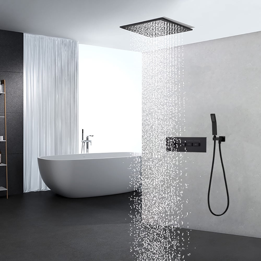 Wandgemonteerde 400mm doucheset Regenval 3 functies thermostatisch in matzwart Vensterafbeelding