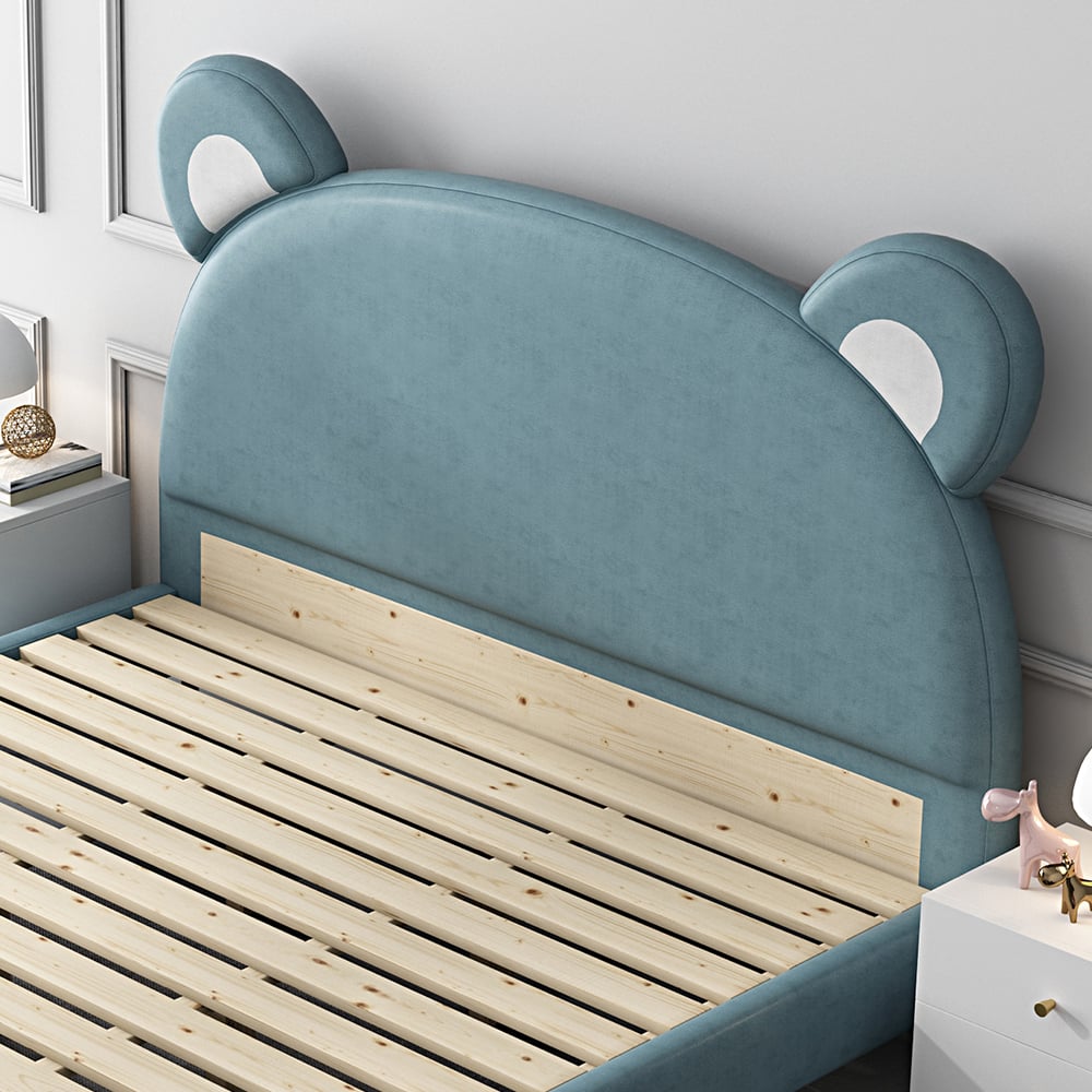 Modern Lake Blue Leath-Aire Bear-shaped Upholstered Bed with Golden Half and Round Feet window image