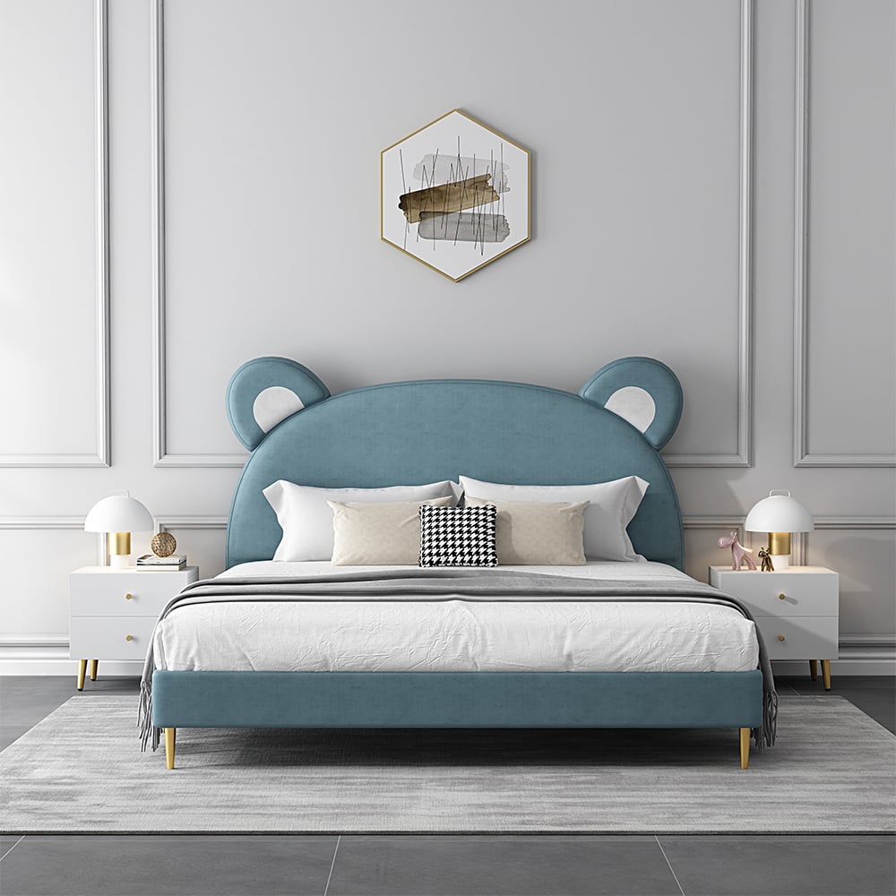 Modern Lake Blue Leath-Aire Bear-shaped Upholstered Bed with Golden Half and Round Feet window image