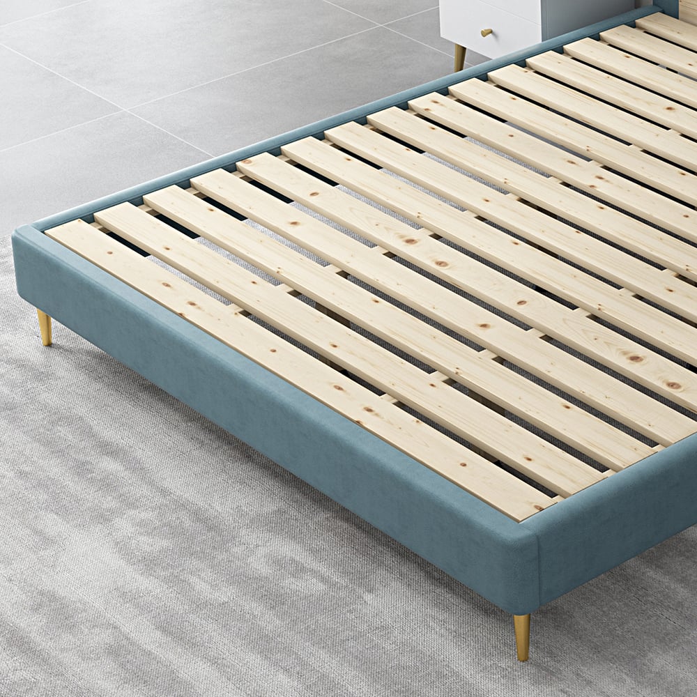 Modern Lake Blue Leath-Aire Bear-shaped Upholstered Bed with Golden Half and Round Feet window image