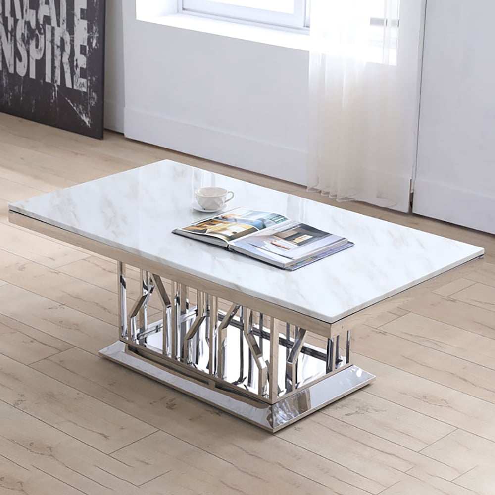 51" Faux Marble White Coffee Table with Stainless Steel Frame window image