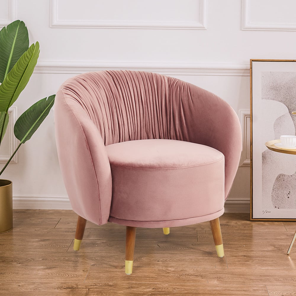 Fauteuil rembourré à dossier plissé rond rose de 790 mm avec pieds en métal image de fenêtre