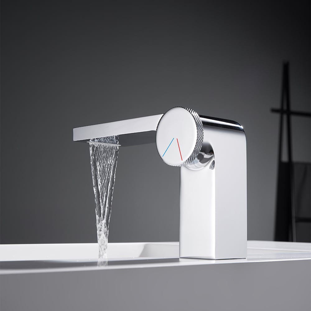 Geometric Single Hole Waterfall Bathroom Sink Faucet Solid Brass window image