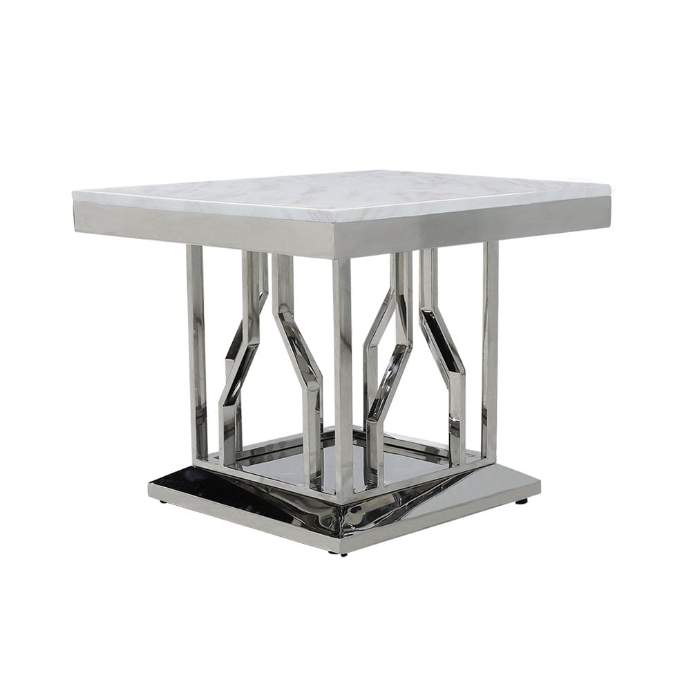 White Square Faux Marble Side Table Stainless Steel Base window image