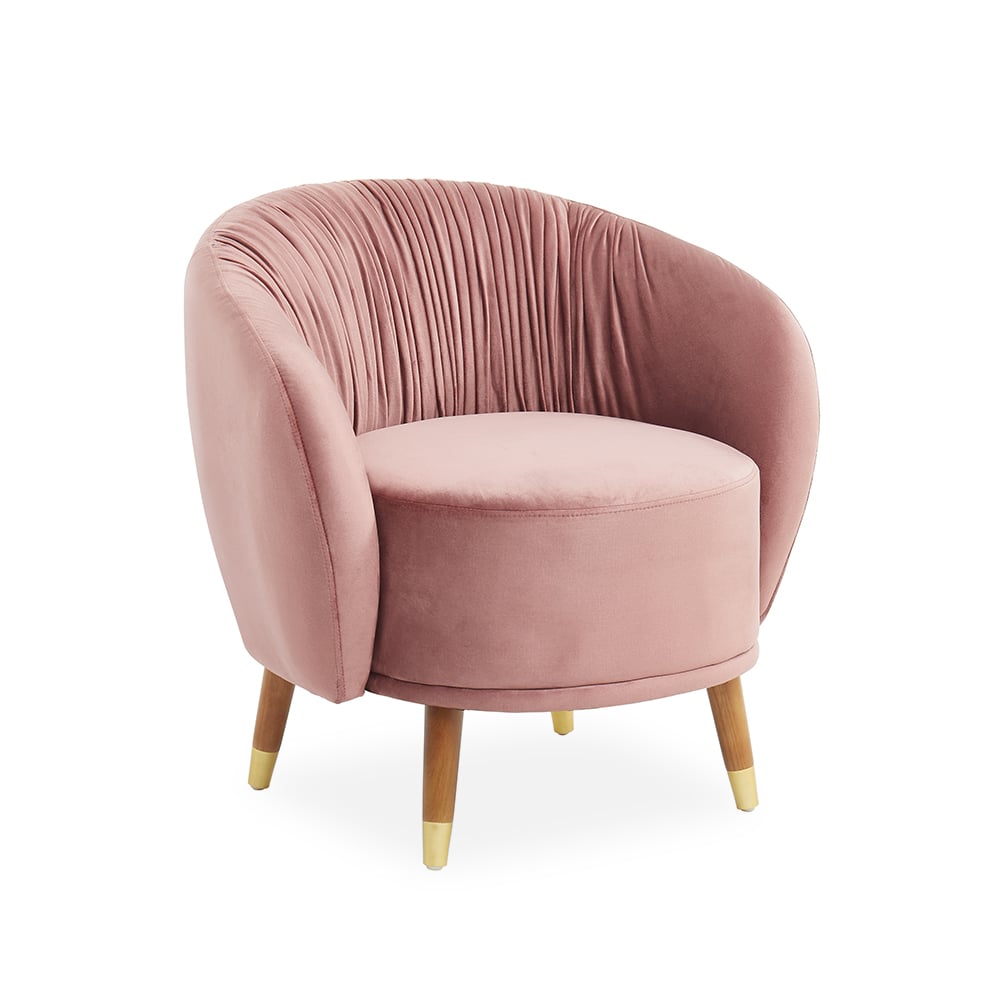 Fauteuil rembourré à dossier plissé rond rose de 790 mm avec pieds en métal image de fenêtre