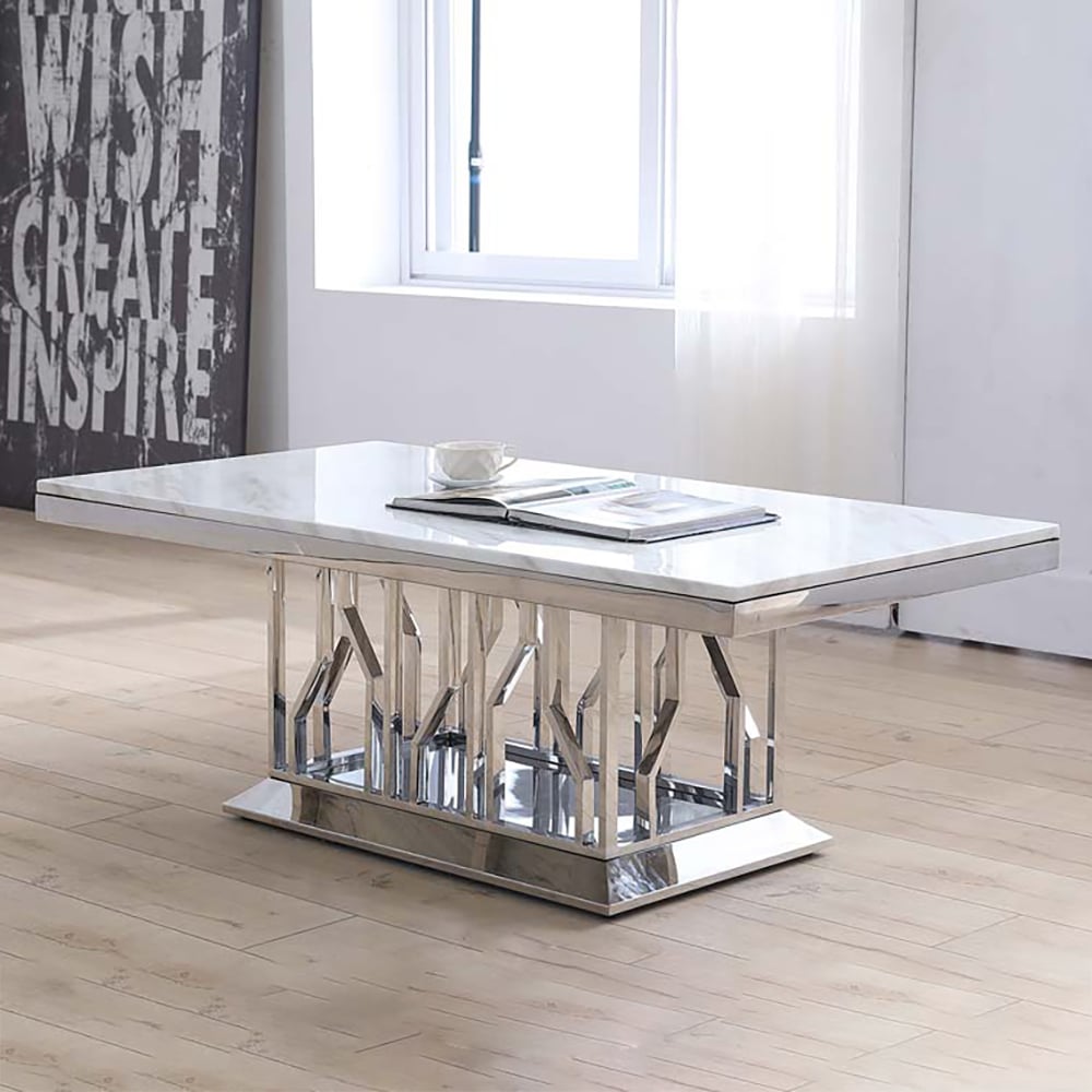51" Faux Marble White Coffee Table with Stainless Steel Frame window image