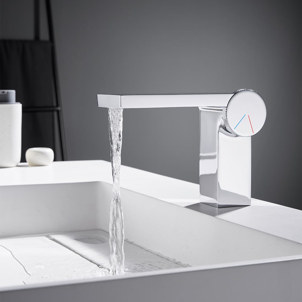 Geometric Single Hole Waterfall Bathroom Sink Faucet Solid Brass window image