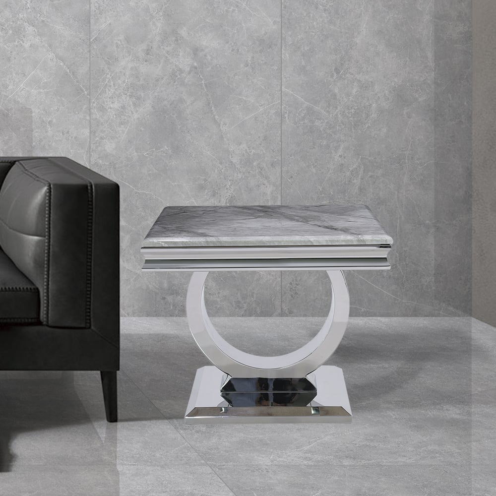 600mm Grey Side Table Square Faux Marble Top Silver Base window image