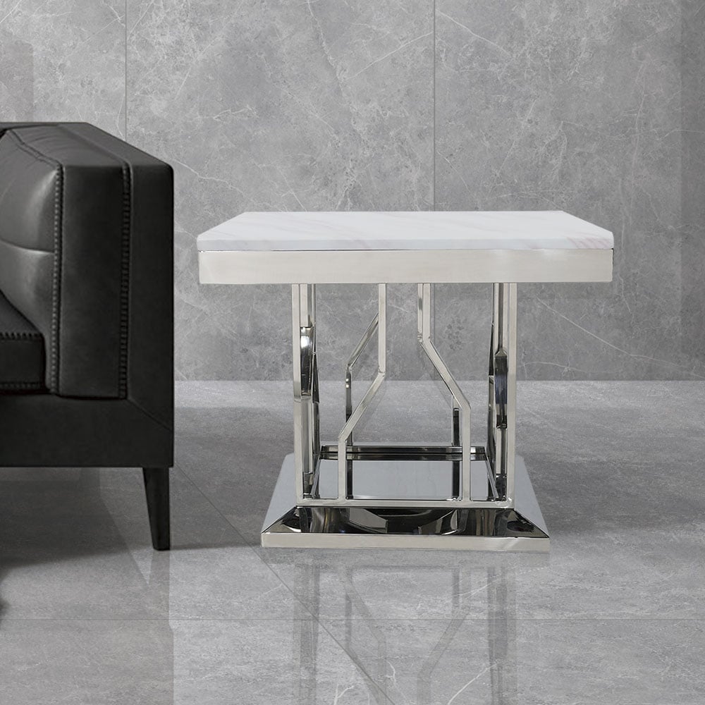 White Square Faux Marble Side Table Stainless Steel Base window image