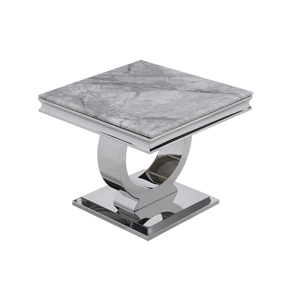600mm Grey Side Table Square Faux Marble Top Silver Base window image