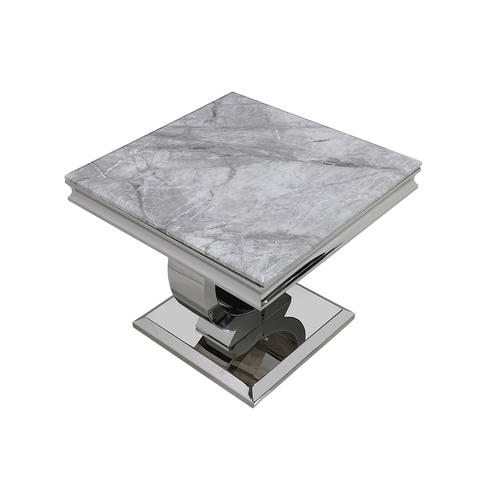 600mm Grey Side Table Square Faux Marble Top Silver Base window image