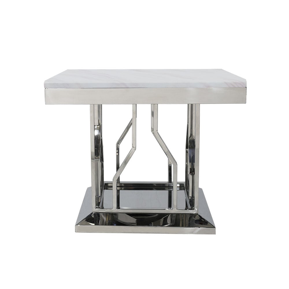 White Square Faux Marble Side Table Stainless Steel Base window image