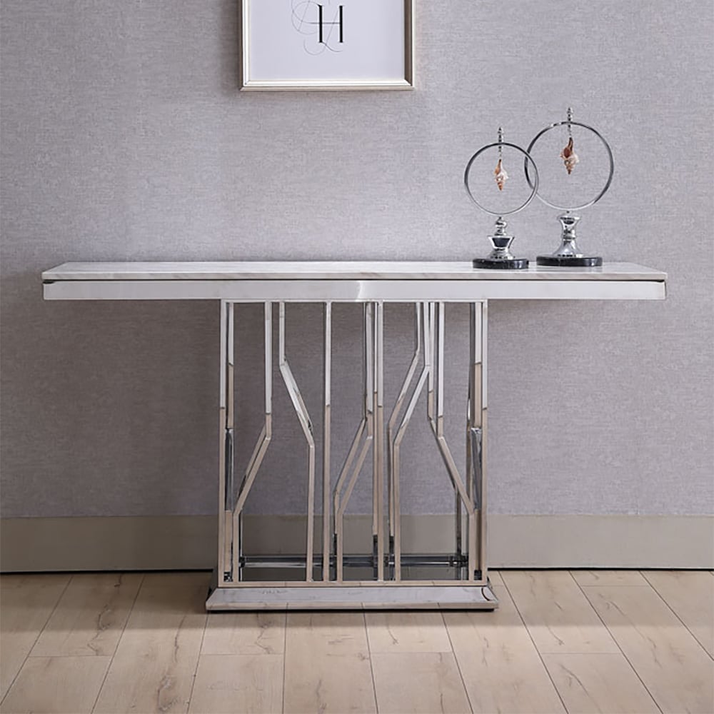 1600mm White & Silver Narrow Console Table for Entryway Stainless Base window image