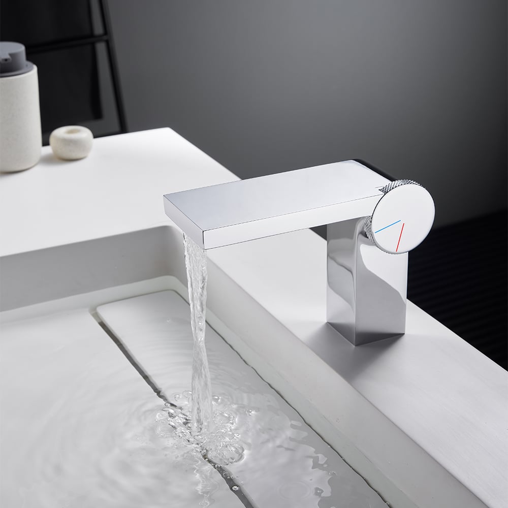 Geometric Single Hole Waterfall Bathroom Sink Faucet Solid Brass window image