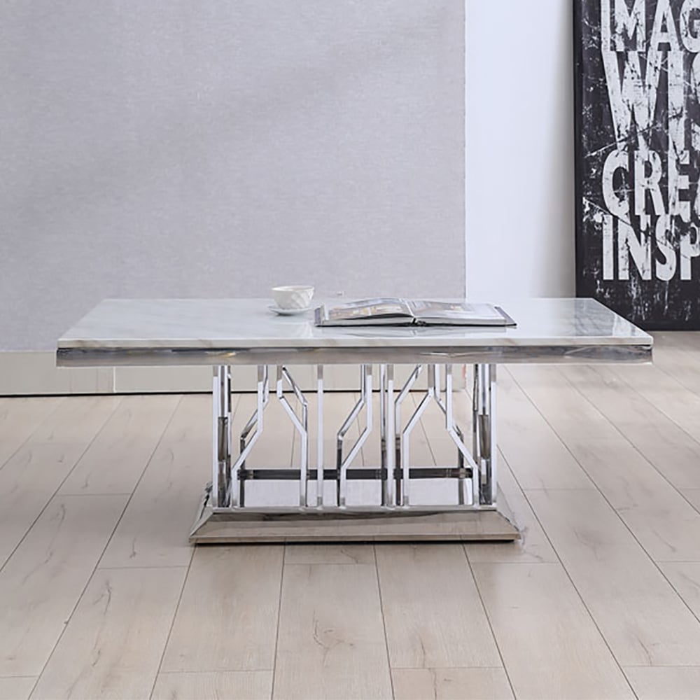 51" Faux Marble White Coffee Table with Stainless Steel Frame window image