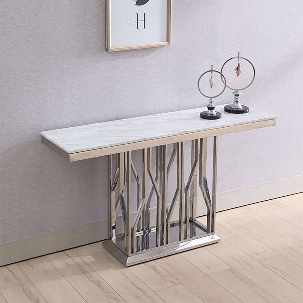 1600mm White & Silver Narrow Console Table for Entryway Stainless Base window image