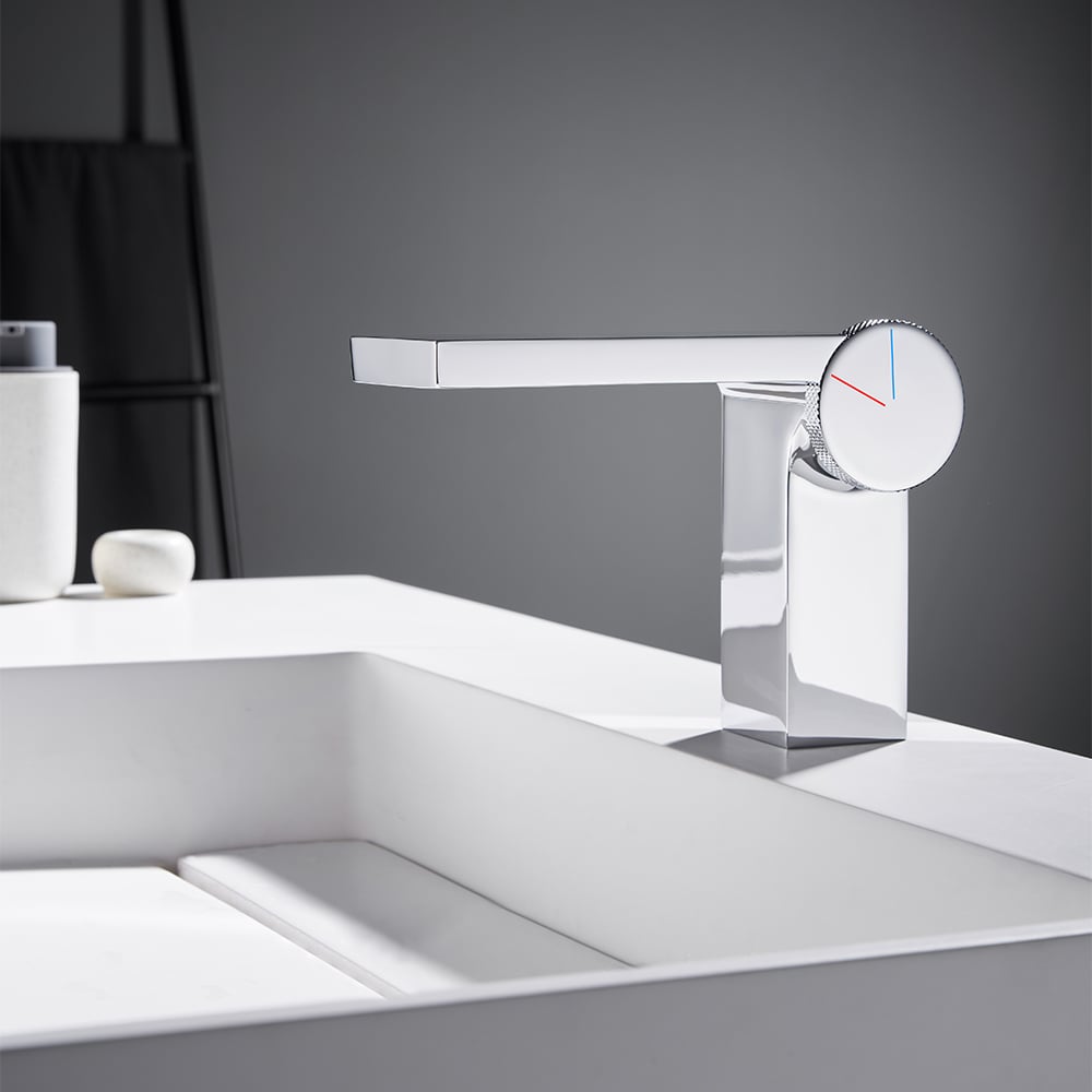 Geometric Single Hole Waterfall Bathroom Sink Faucet Solid Brass window image