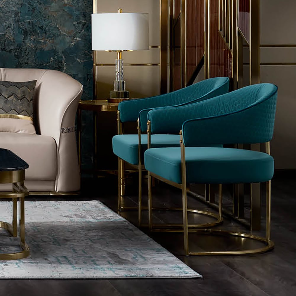 Contemporary Blue Leath-Aire Accent Chair with Frame in Brushed Champagne window image