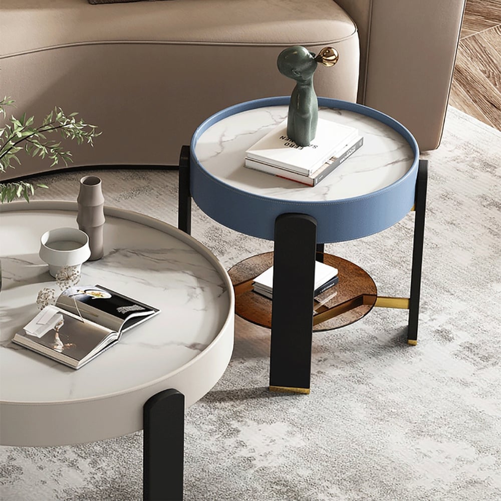 Ensemble de 2 tables basses rondes contemporaines en pierre frittée avec pieds en bois de frêne image de fenêtre