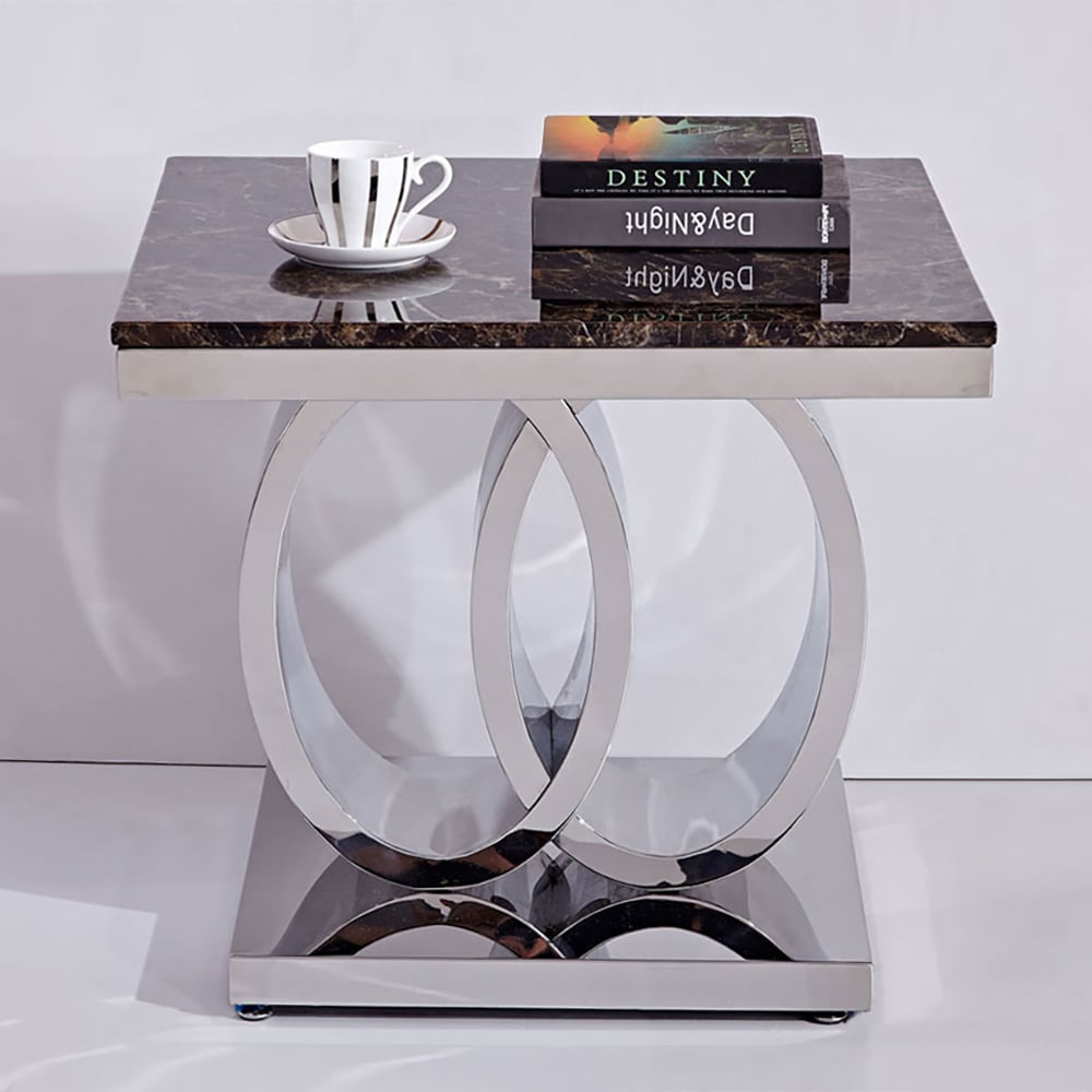 Square Side Table with Oval Stainless Steel Base & Faux Marble Top window image