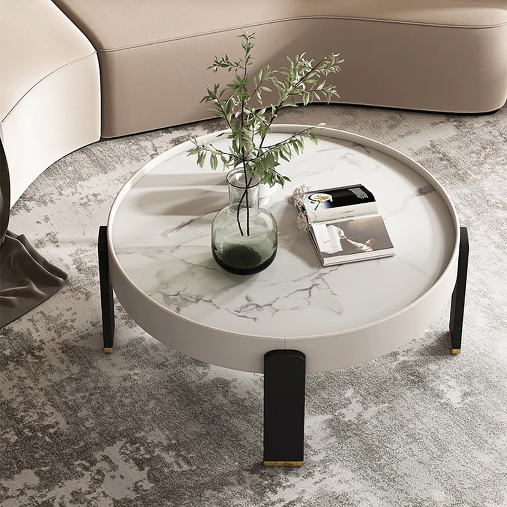 Ensemble de 2 tables basses rondes contemporaines en pierre frittée avec pieds en bois de frêne image de fenêtre