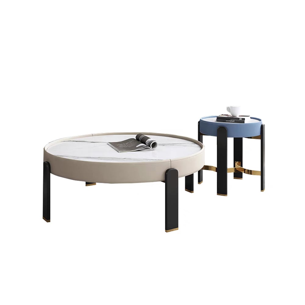 Ensemble de 2 tables basses rondes contemporaines en pierre frittée avec pieds en bois de frêne image de fenêtre