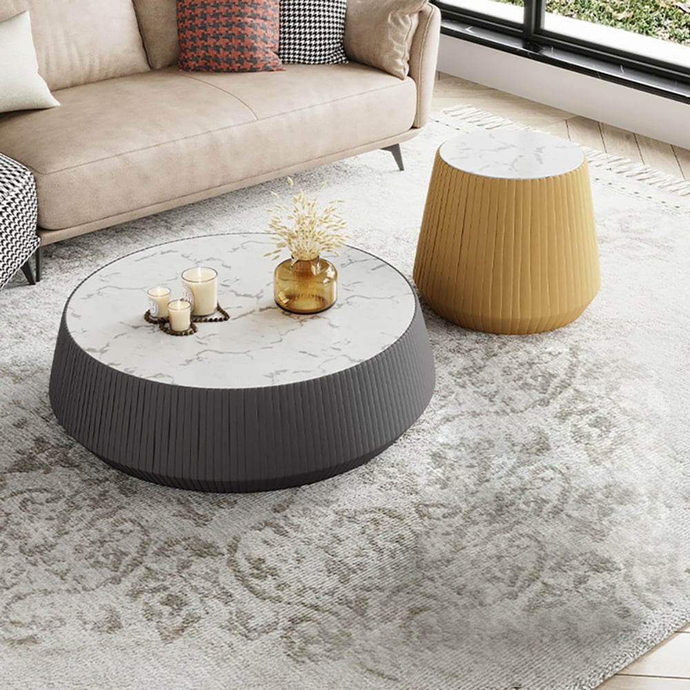 Nordic Drum Coffee Table Set of 2 Sintered Stone & Carbon Steel in White & Gray & Yellow window image