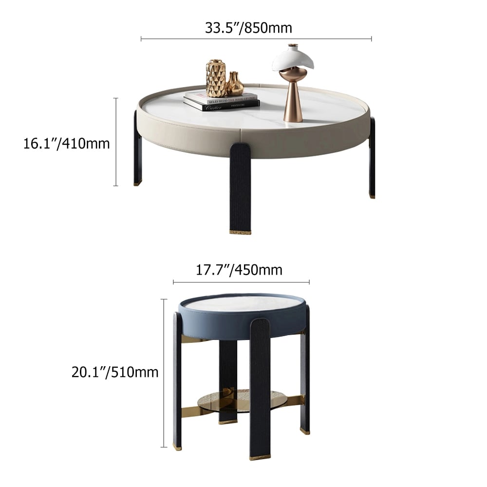 Ensemble de 2 tables basses rondes contemporaines en pierre frittée avec pieds en bois de frêne image de fenêtre