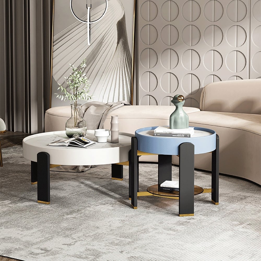 Ensemble de 2 tables basses rondes contemporaines en pierre frittée avec pieds en bois de frêne image de fenêtre