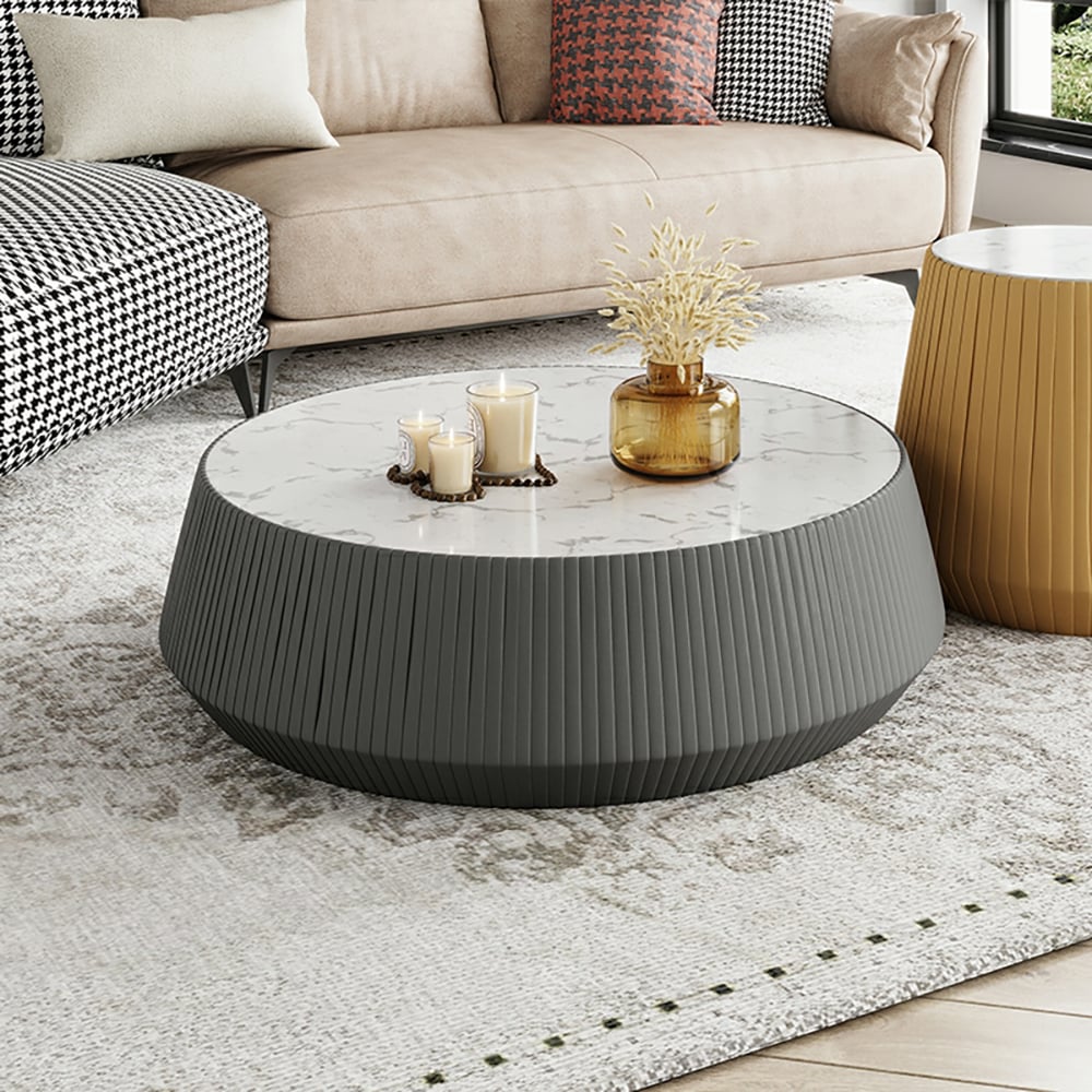 Nordic Drum Coffee Table Set of 2 Sintered Stone & Carbon Steel in White & Gray & Yellow window image