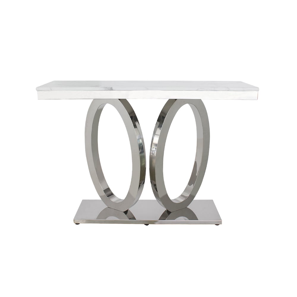 Rectangular Faux Marble Top Console Table Stainless Steel Round Base window image