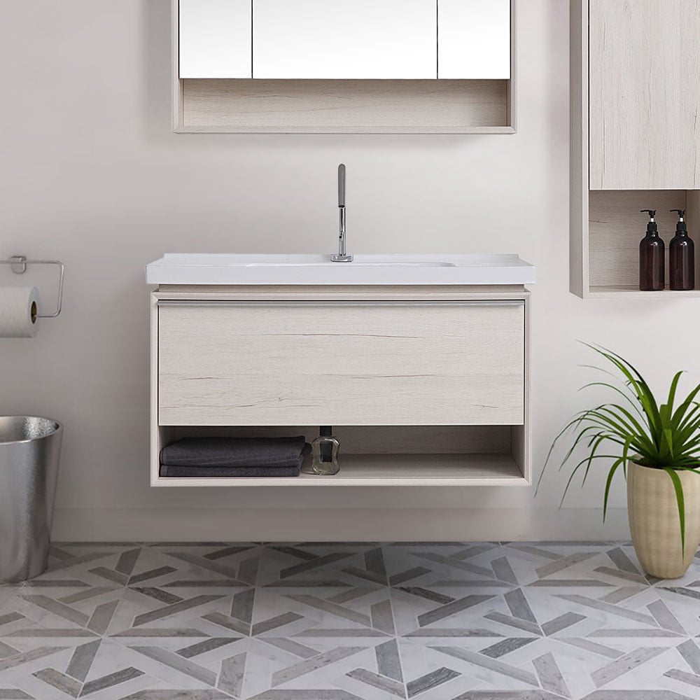 Vanité de salle de bain en pierre flottante beige contemporain de 1005mm avec lavabo intégré image de fenêtre