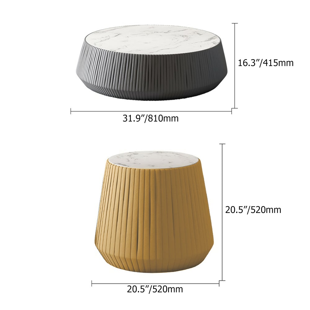 Nordic Drum Coffee Table Set of 2 Sintered Stone & Carbon Steel in White & Gray & Yellow window image