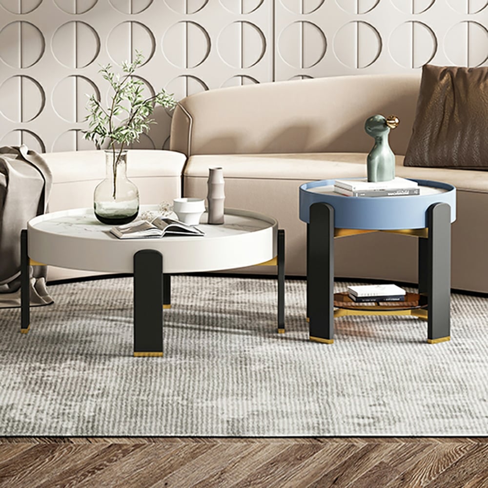 Ensemble de 2 tables basses rondes contemporaines en pierre frittée avec pieds en bois de frêne image de fenêtre