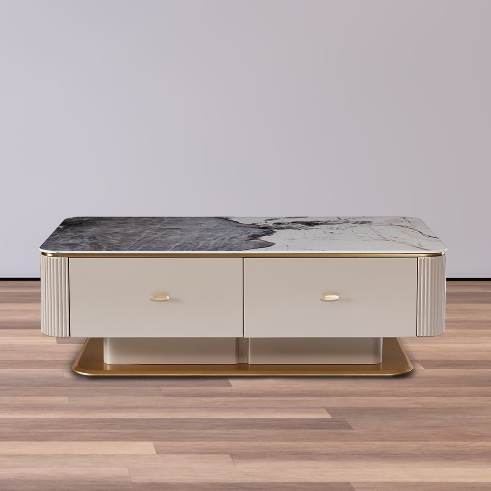 Contemporary Khaki Rectangular Sintered Stone Top Coffee Table with Golden Frame window image