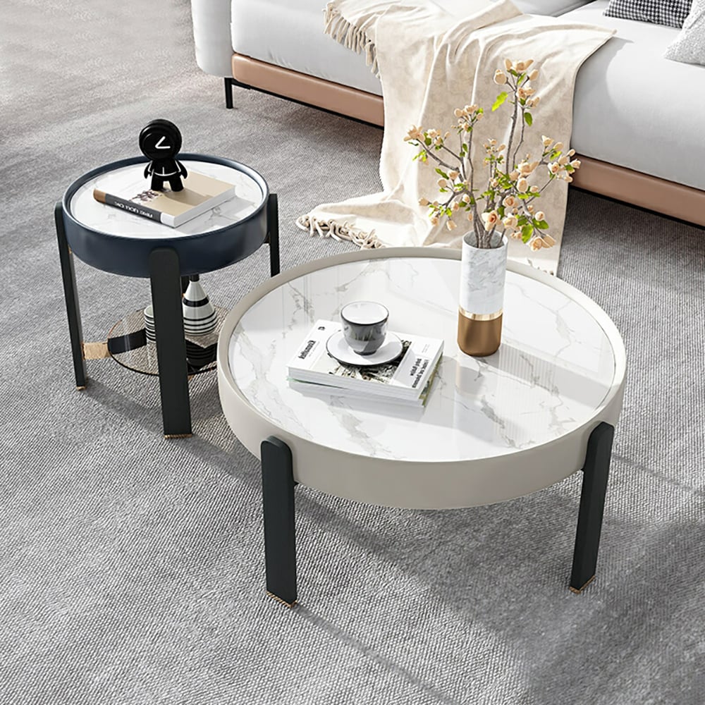 Ensemble de 2 tables basses rondes contemporaines en pierre frittée avec pieds en bois de frêne image de fenêtre