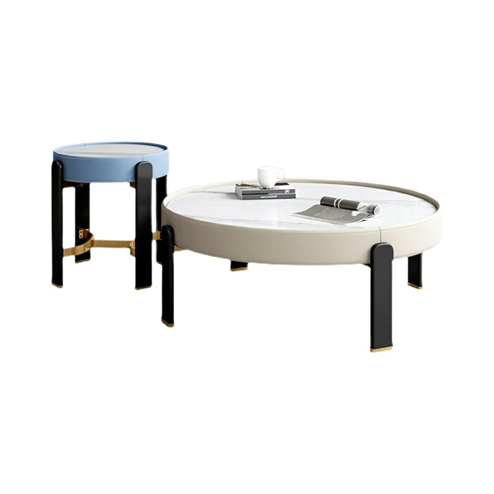 Ensemble de 2 tables basses rondes contemporaines en pierre frittée avec pieds en bois de frêne image de fenêtre