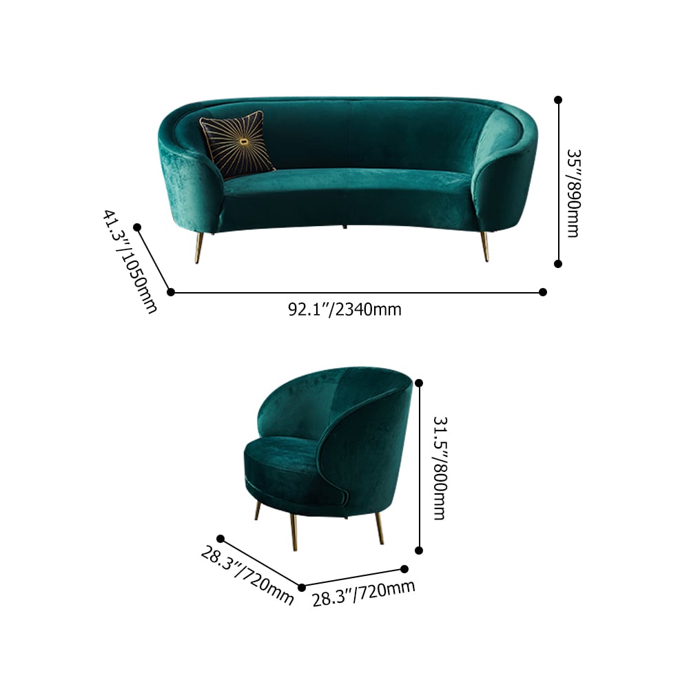 Modern Deep Green Velvet Sofa Set 3 Pieces Living Room Set 3-Seater with 2 Armchairs window image