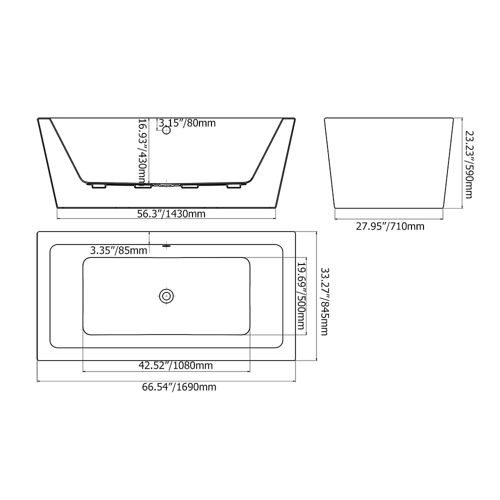 Baignoire rectangulaire autoportante en acrylique de 1690 mm en bleu et blanc pointillé image de fenêtre