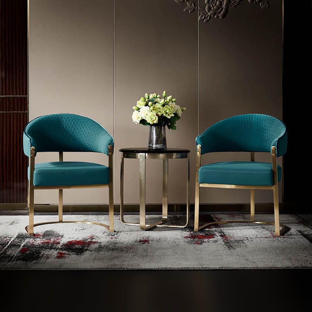 Contemporary Blue Leath-Aire Accent Chair with Frame in Brushed Champagne window image