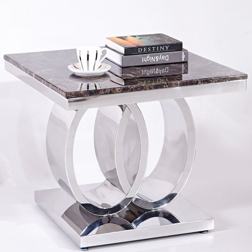 Square Side Table with Oval Stainless Steel Base & Faux Marble Top window image